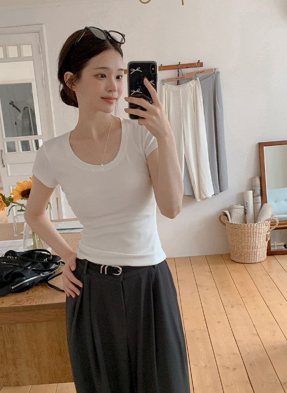 Basic Slim Rib U-neck Short Sleeve T-shirt (5color)