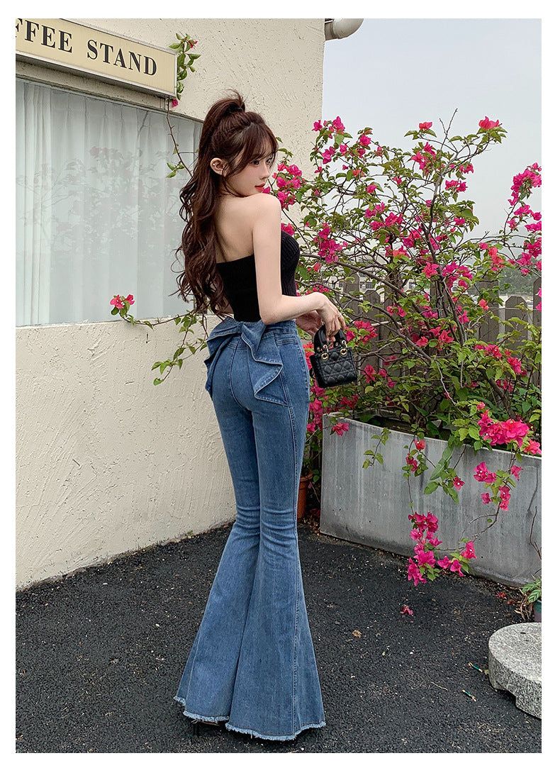 Ribbon Detail Denim Flare Pants