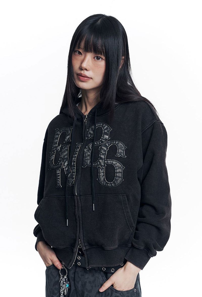 Washed Leather Patch Hooded Zip-Up - Black