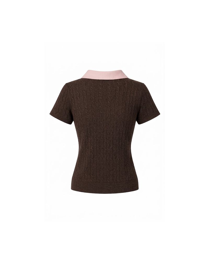 Elodie Pearl Collar Cable Short Sleeve Knit Top Brown