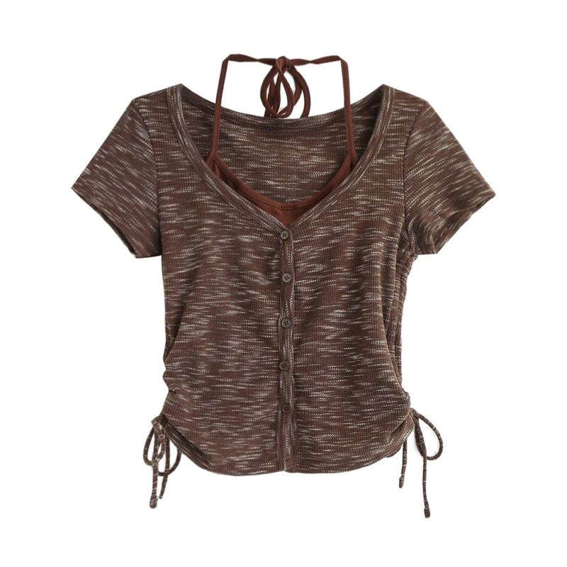 String wrap button short sleeve cardigan top 231216035