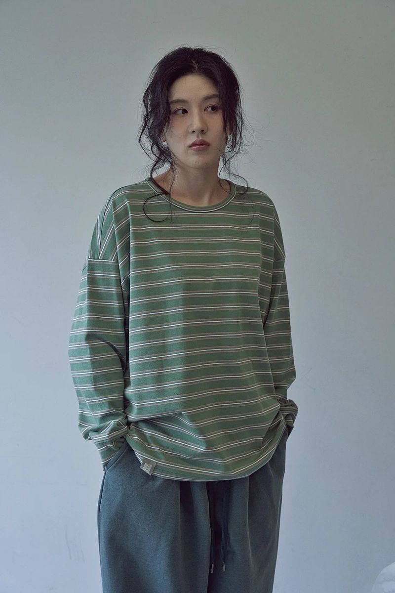 STRIPE BINDING-NECK BOX TEE (Sage Green)