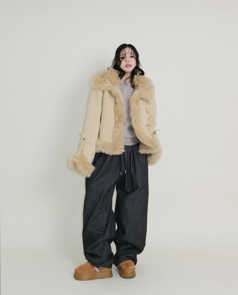 Terry Stripe Banding Carpenter Wide Denim Pants (for all four seasons)
