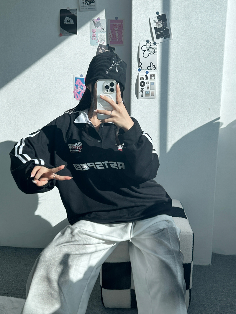 RAGLAN THREE-STRIPE COLLAR SWEATSHIRT🖤🩶🤍 - 3 COLORS