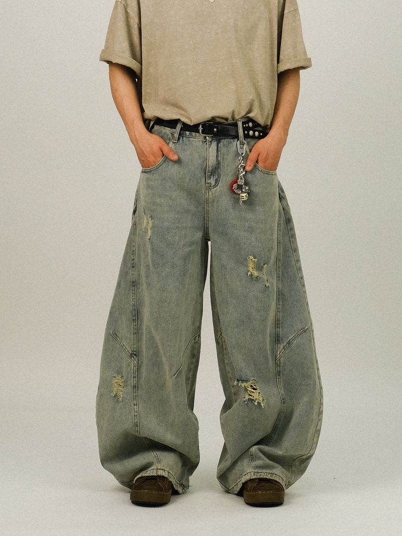 EE CURVED DAMAGE DENIM PANTS