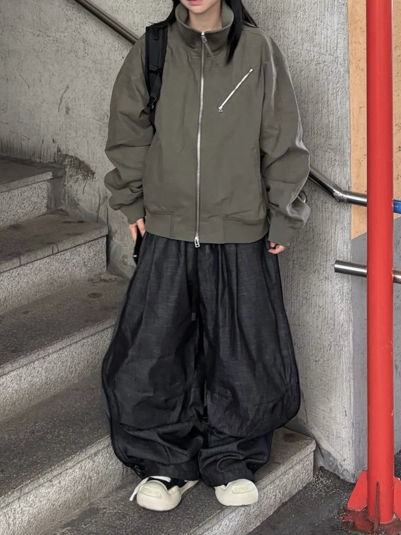 denim two-way zipper balloon pants