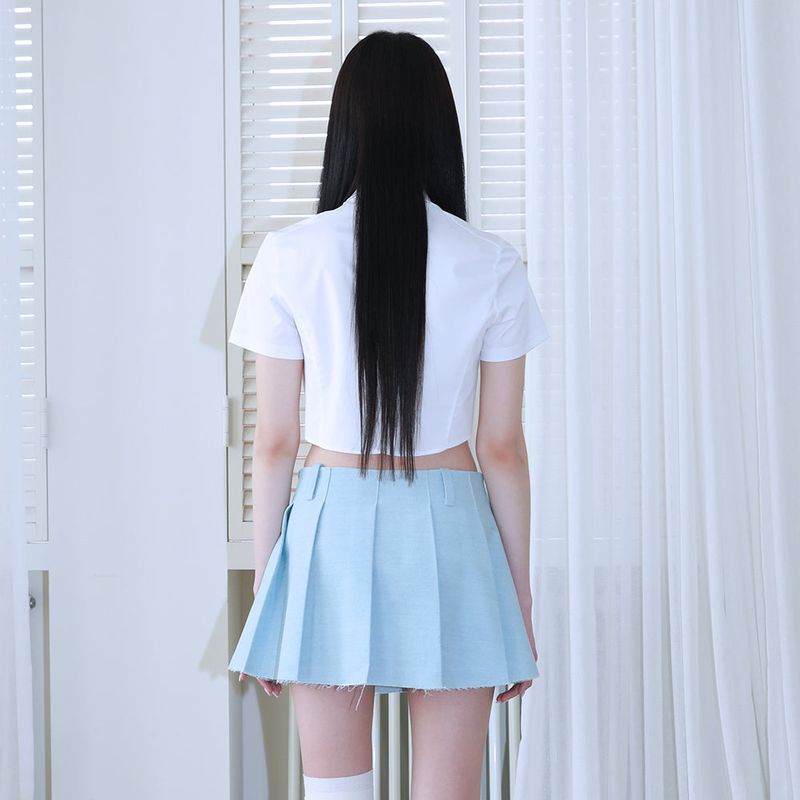 1 0  denim pleated skirt - LIGHT BLUE