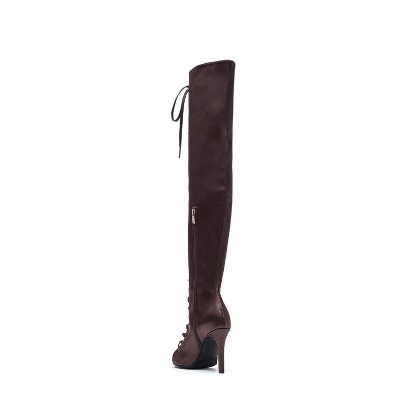 Satin Lace-Up Open Toe Boots Heel(Brown)