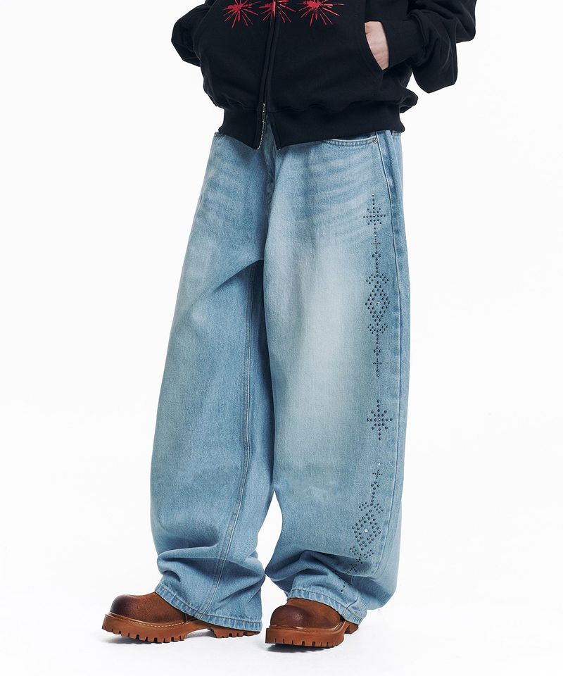 Curved Western Stud Denim Pants - Light Blue