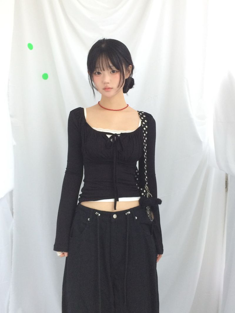 Slim Fit Ribbon Shirring Top