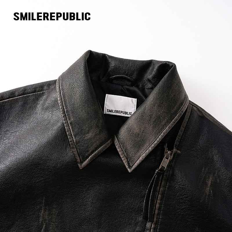 Brown Distressed PU Coated Faux Leather Oversized Asymmetrical Zip Jacket with Logo Back