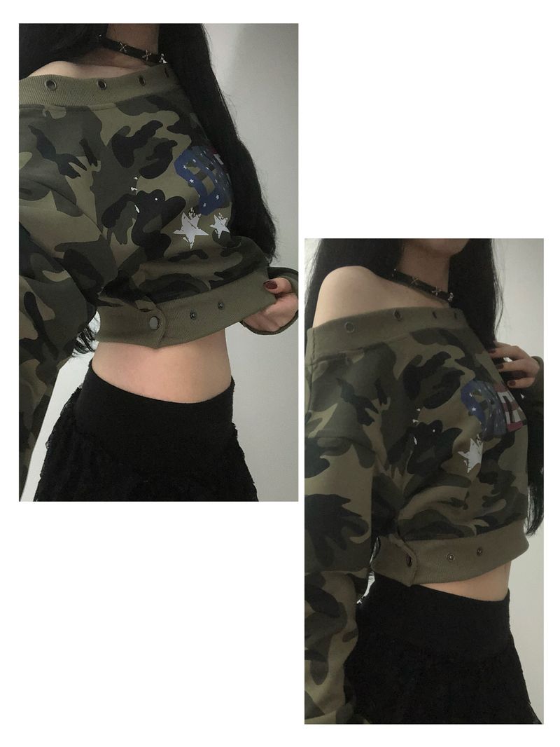 Camo Off-shoulder Button Sweatshirt