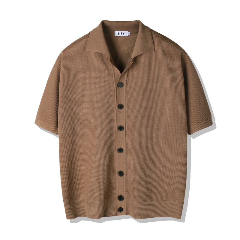 BUTTON UP HALF SLEEVE PIQUE CARDIGAN BROWN