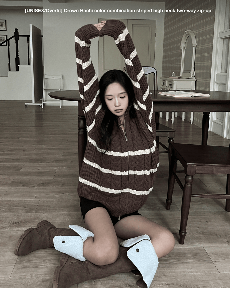 GUSTA（グスタ）の「[UNISEX/Overfit] Crown hachi color combination striped high neck two-way zip-up (3 colors)（Tops）」