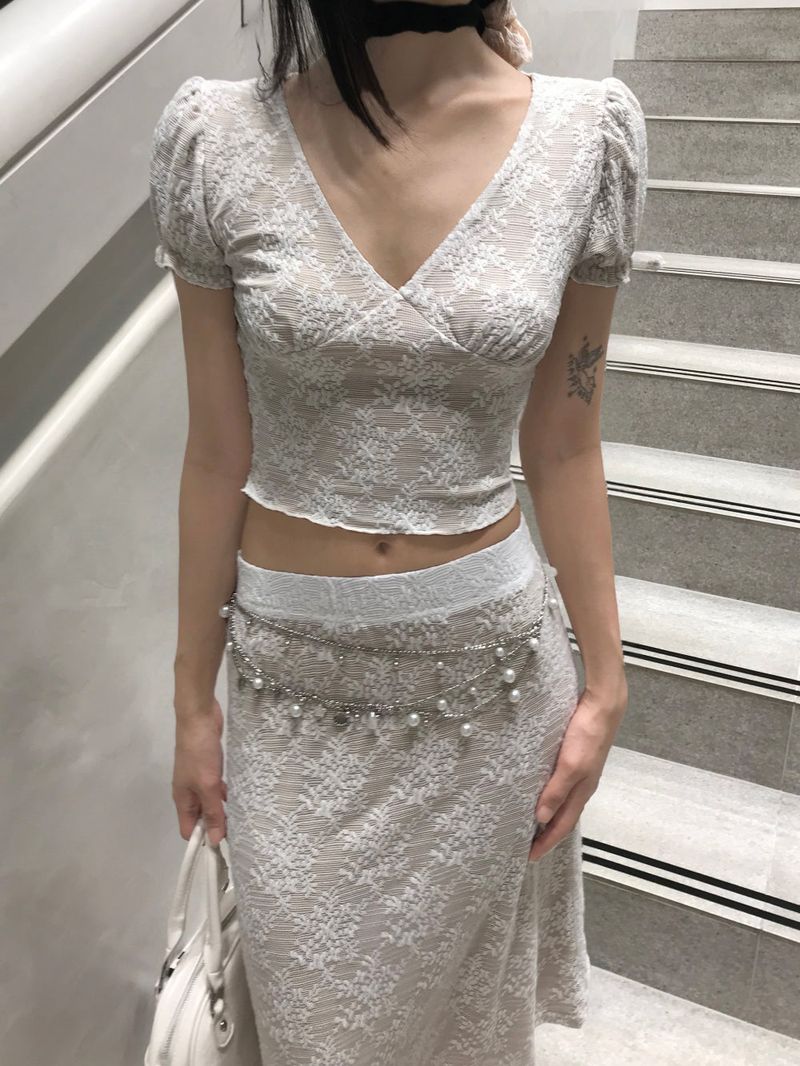 French Garden Lace Deep V-neck Puff Sleeve TOP & MIDI SKIRT SET 