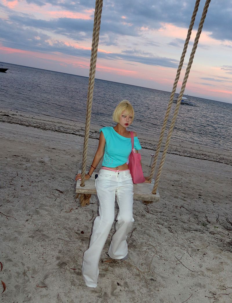 linen white low bootcut jeans