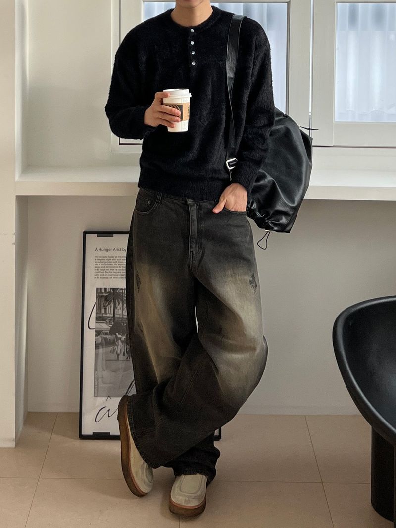 Rustic Black Denim Wide Pants (XS, S, M, L)