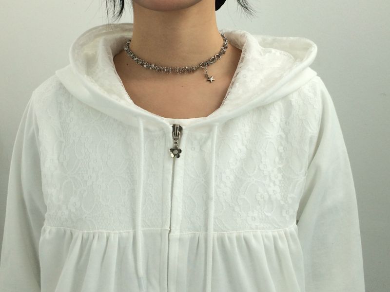 Flower Lace Half-Shirring Hooded Zip-Up