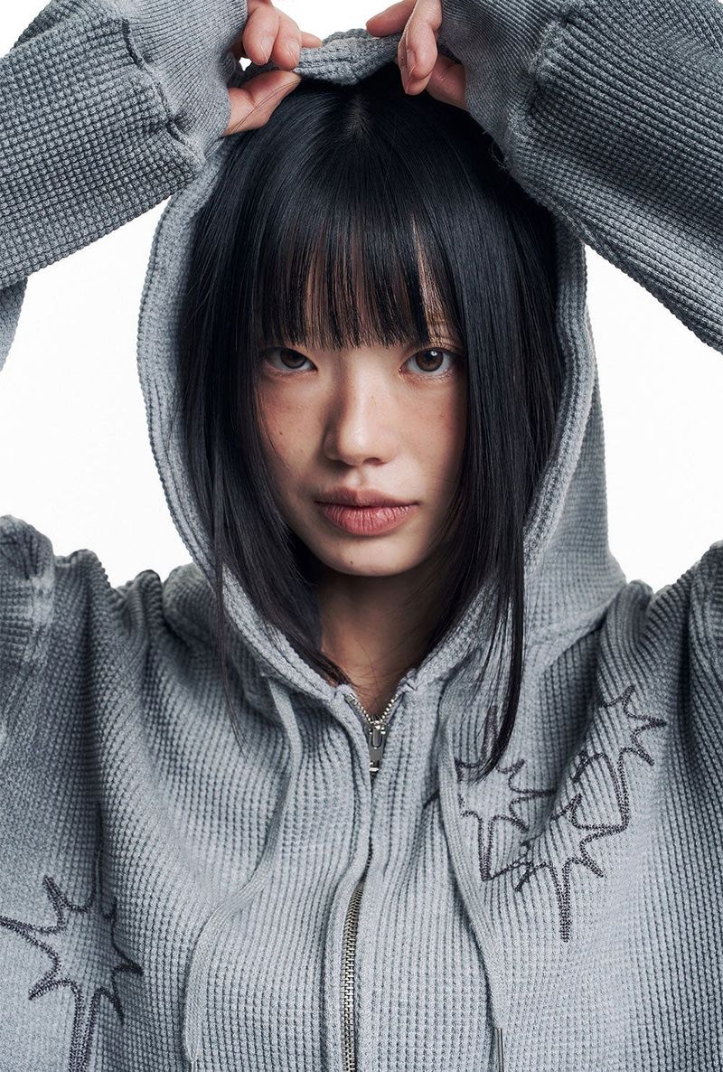 Washed Star Waffle Hooded Zip-Up - Grey