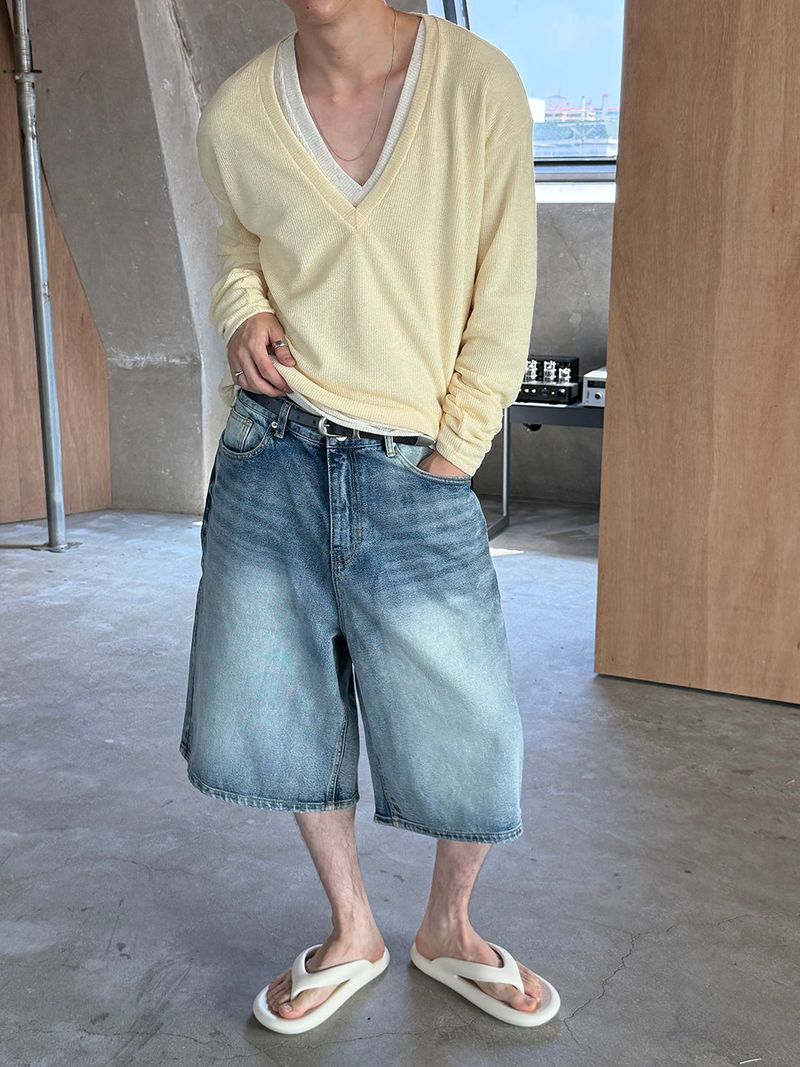 Double back pocket bermuda denim pants(3color)