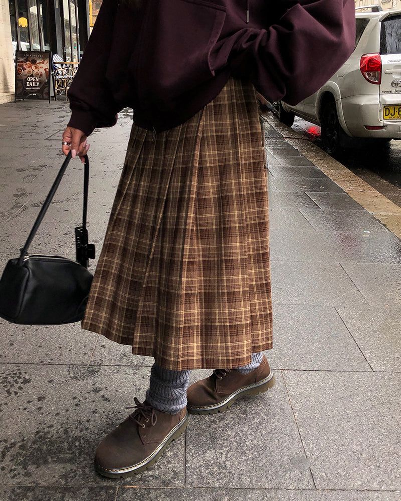 [ORIGINAL] Buckle Check Midi Pleated Skirt