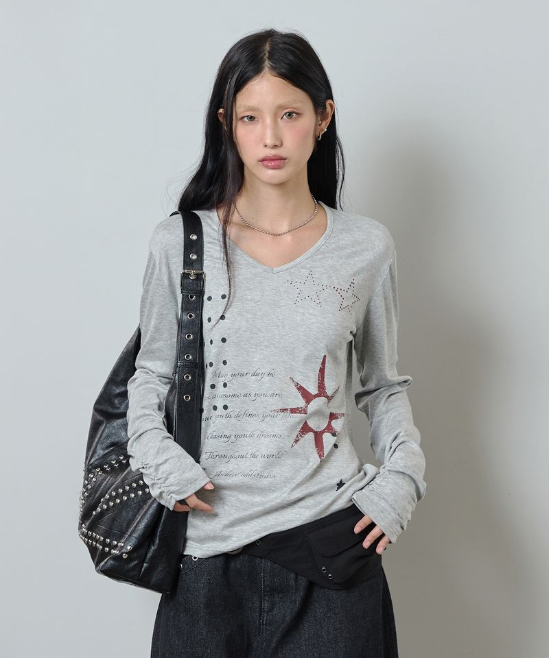 ODDSTUDIO（オッドスタジオ）の「V-Neck Shirring Star Long Sleeve - MELANGE GRAY（Tops）」