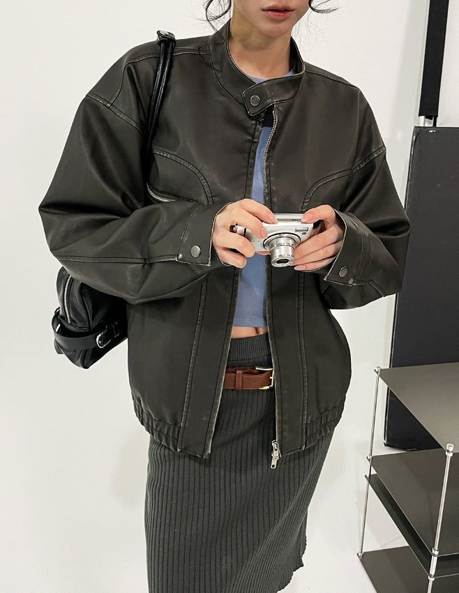 Gross cut washed leather jacket