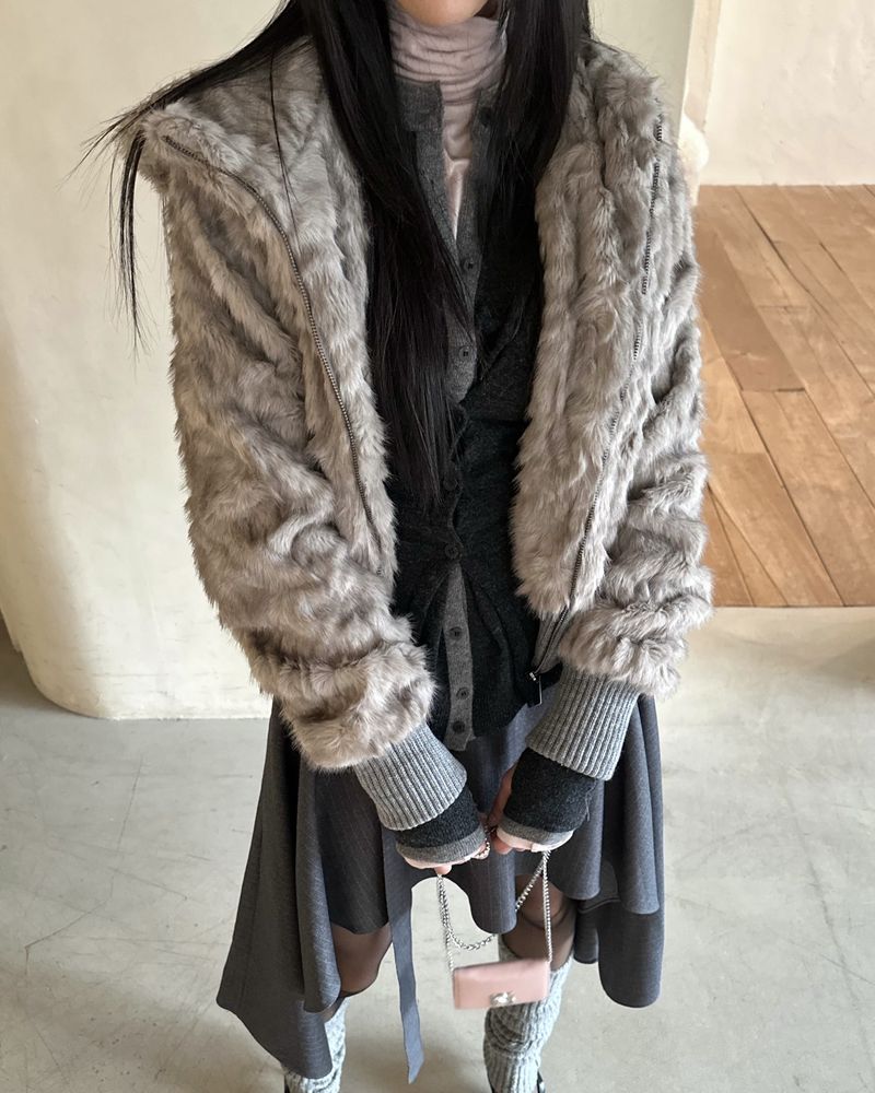 Bunny Cropped Fur Hooded Jumper