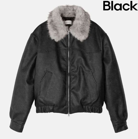[premium] Frame Raccoon Collar Leather Jacket