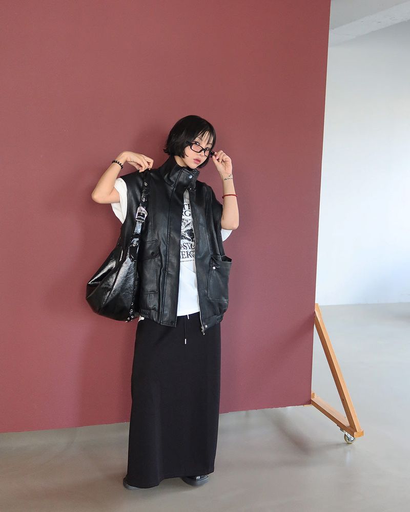 leather oversized fit vest jacket