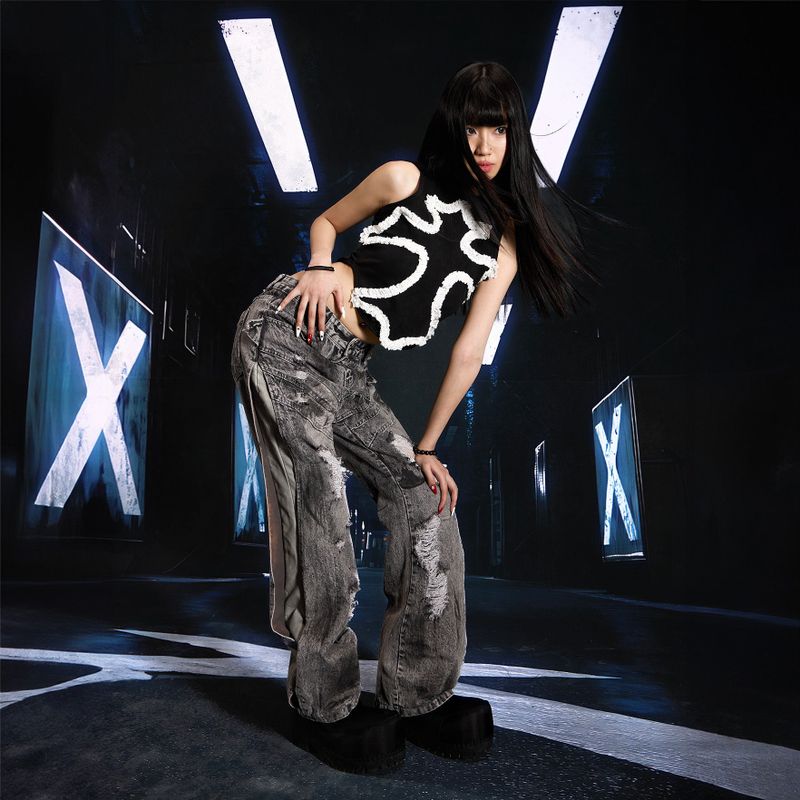SEXXDEVIL Washed Deconstructed Denim Pants