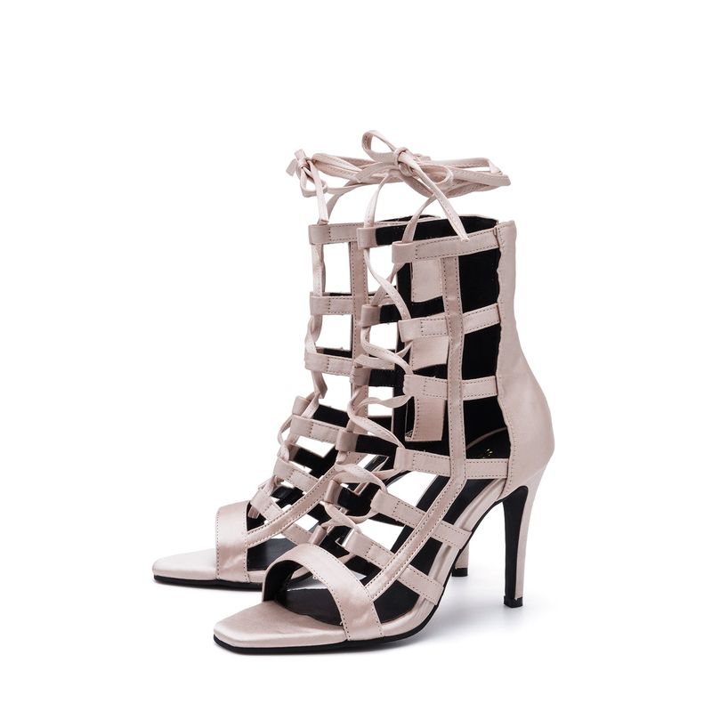 Satin Strappy Sandal Heel(Beige)