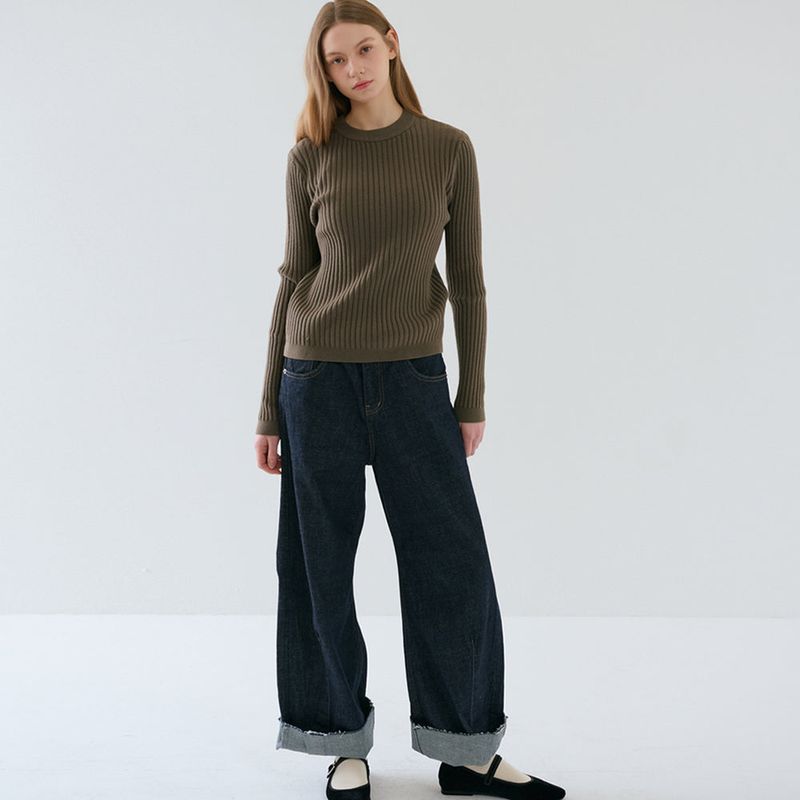 Basic Round Neck Rib Knit Khaki