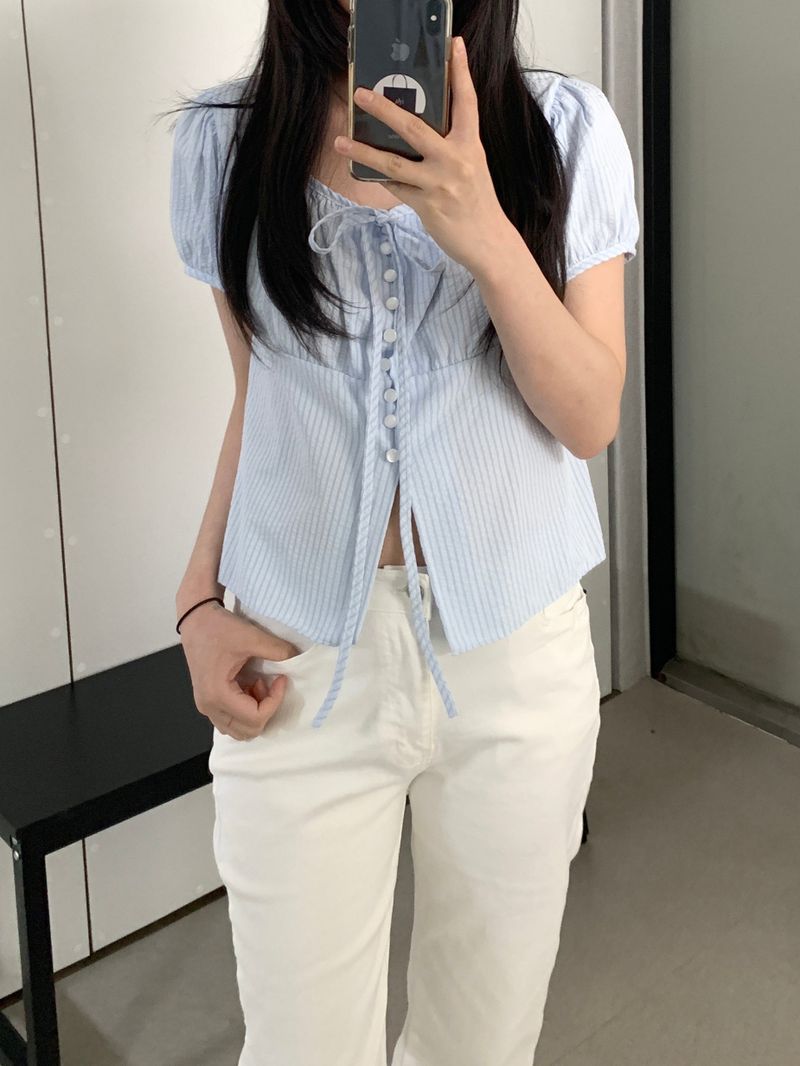 Karin Stripe Puff Short Sleeve Blouse
