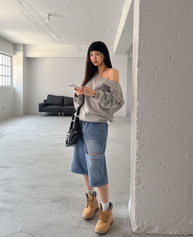 Rainy Lettering Off-Shoulder Sweatshirt