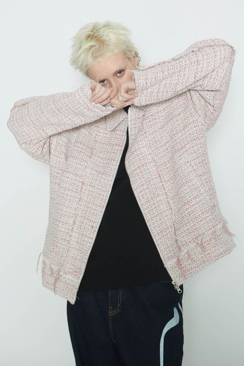 Raw Cut Detail Tweed Trucker Jacket Ivory & Red