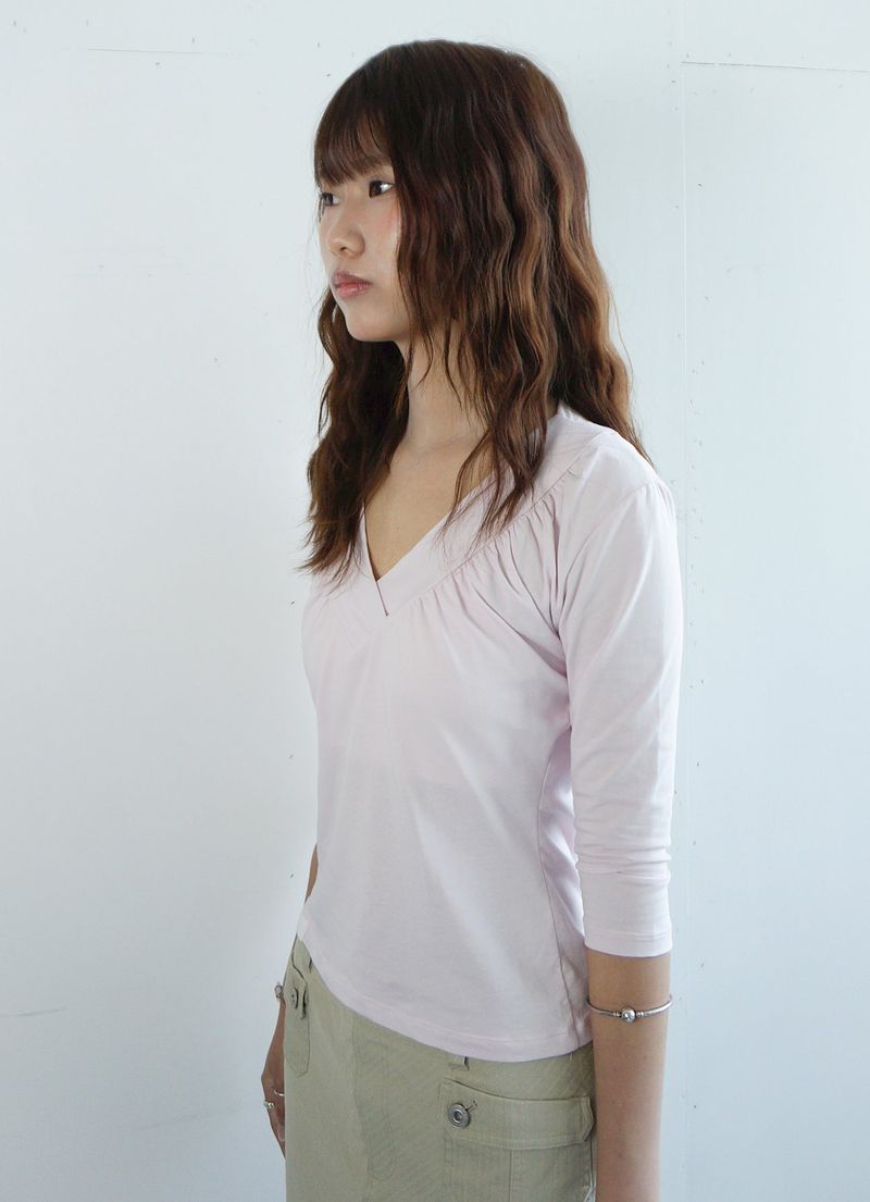 Shirring V-neck Top -Pink
