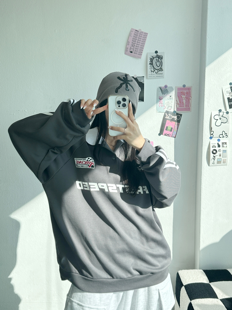 RAGLAN THREE-STRIPE COLLAR SWEATSHIRT🖤🩶🤍 - 3 COLORS