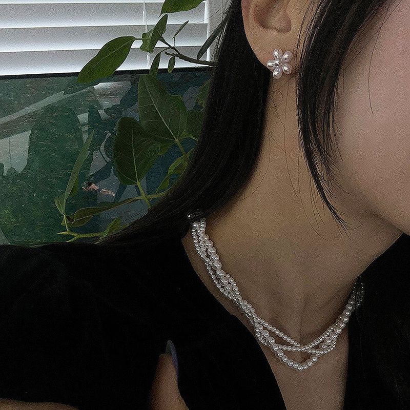 [92.5silver] 2way flower pearl earring