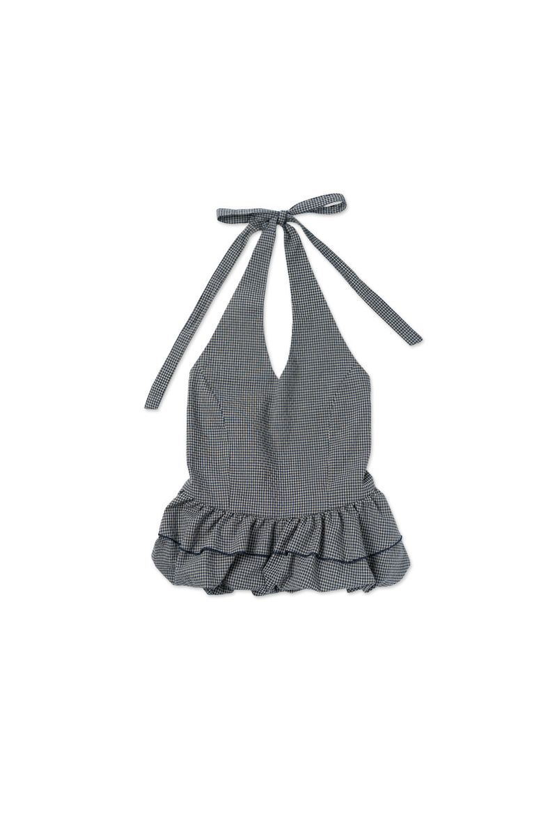 Gingham halter blouse_navy