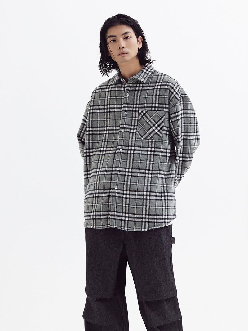 Loose wool check shirts Gray