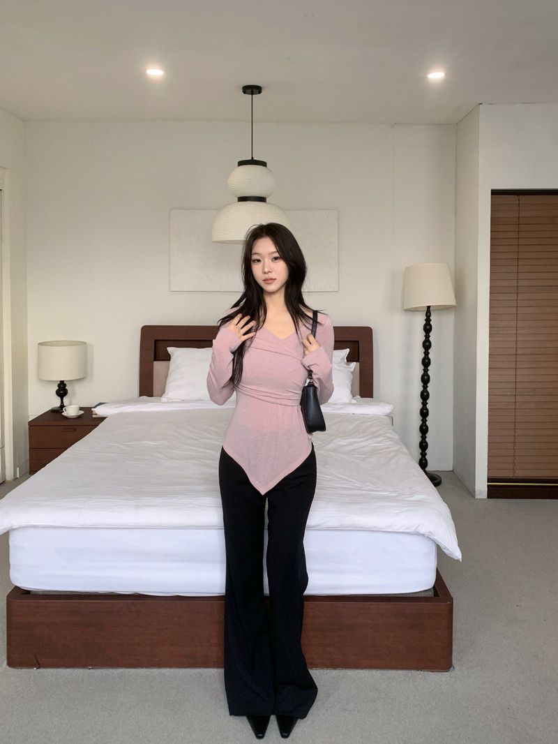 Berre Wrap Shirring Asymmetric Long Sleeve Tee
