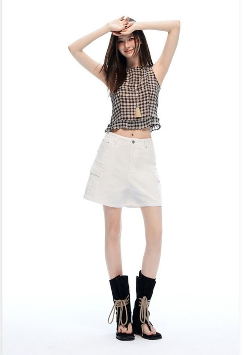 Mid Rise White Cargo Wide Leg Bermuda Shorts