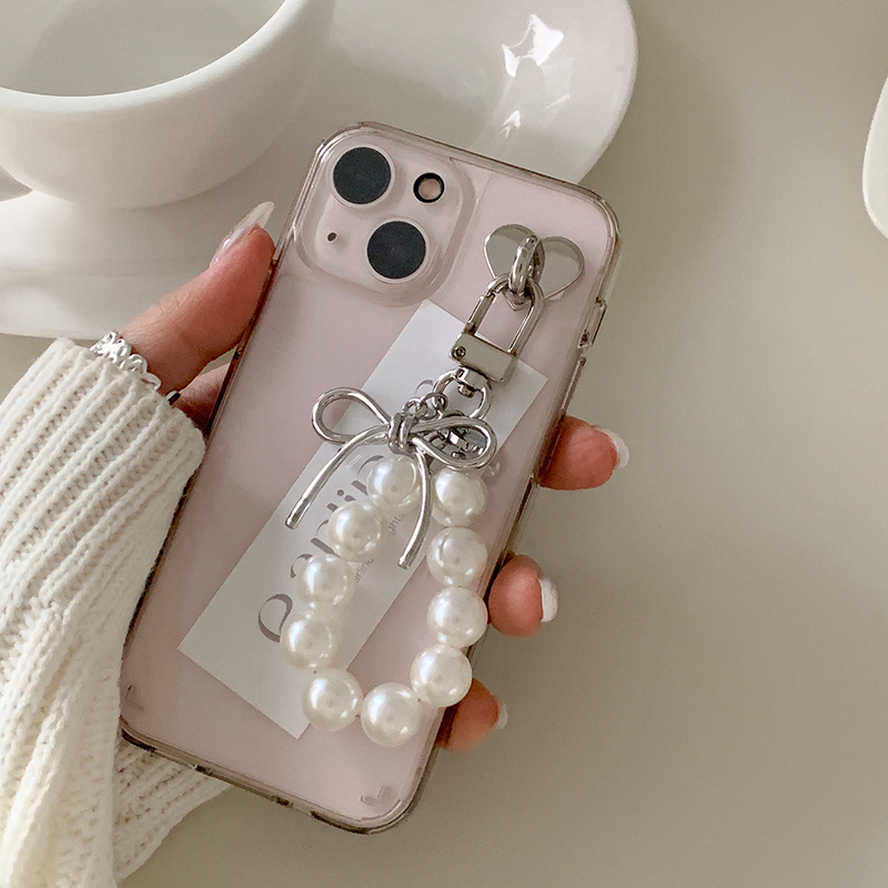 [handmade] silver ribbon pearl keyring (white)