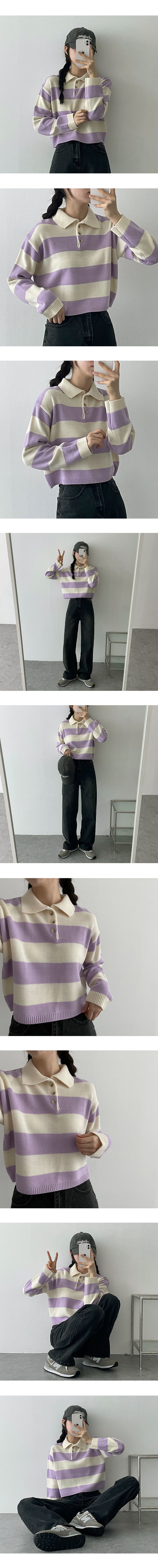 Color stripe button collar knitwear