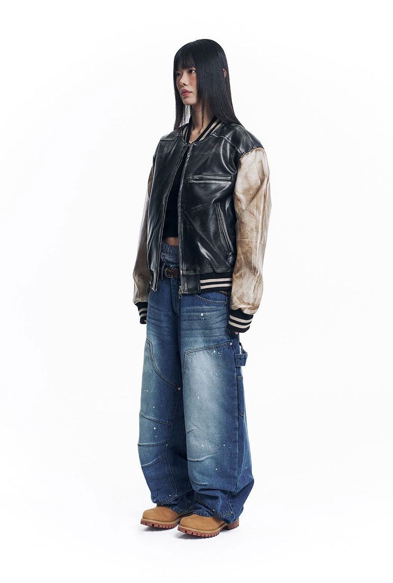 Dirty Washed Leather Varsity Jacket - Black