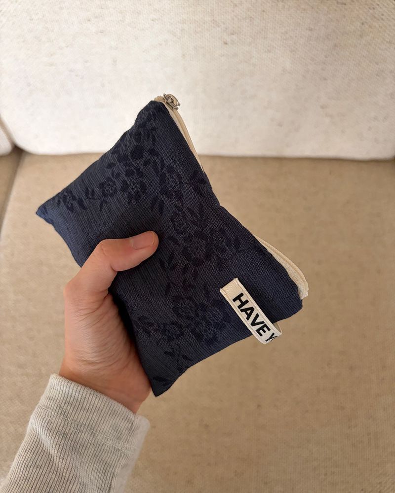 Linen floral flat pouch - navy , S size