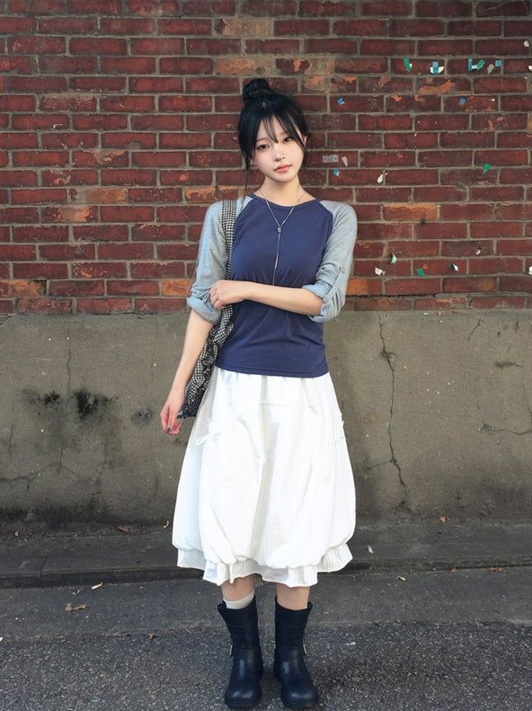 Sami Check Button Raglan Roll-Up Long Sleeve T-Shirt