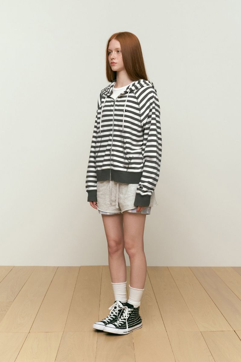 STRIPE HOODIE ZIP UP [KHAKI]