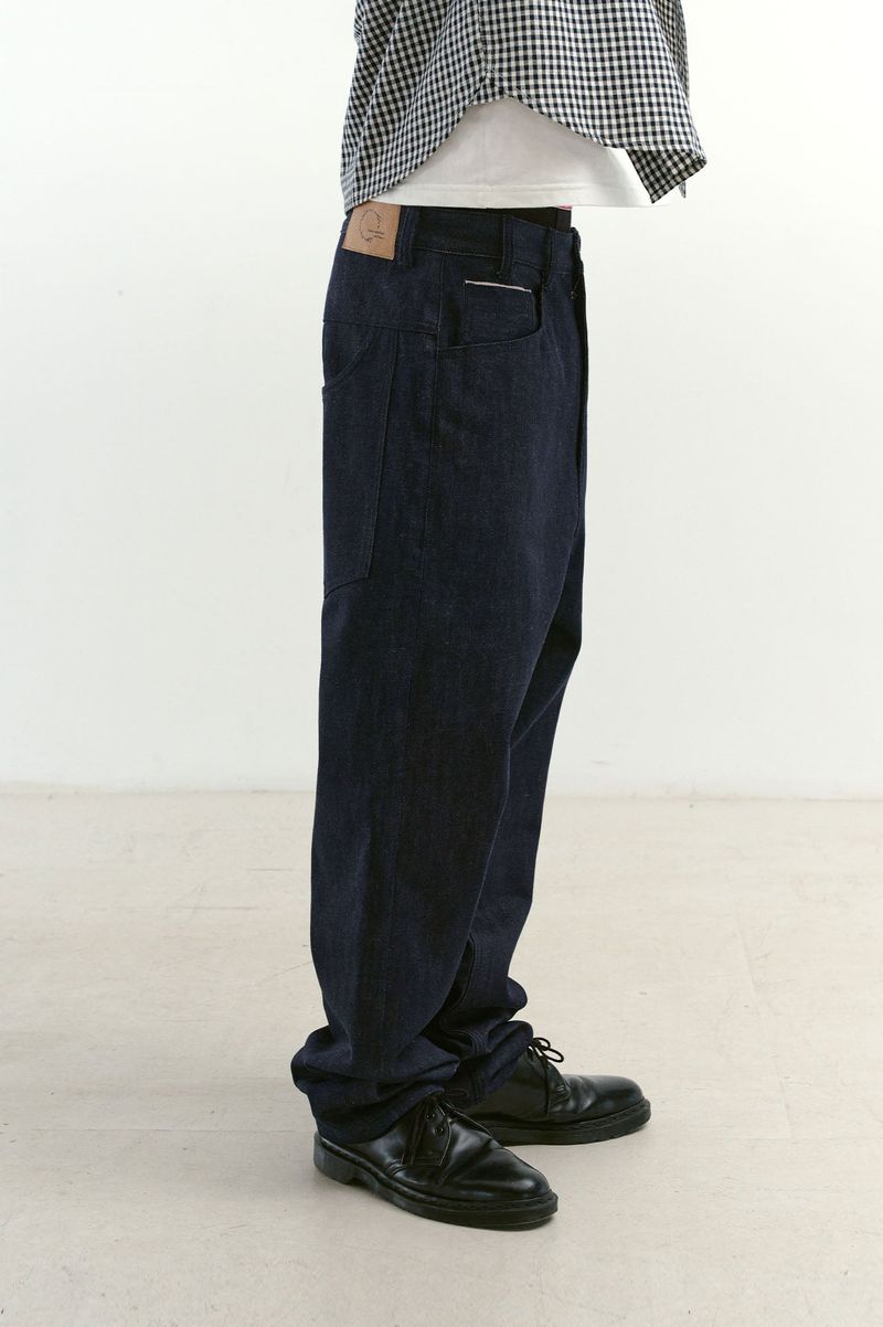 Natural High Waist Baggy Fit Selvedge Denim Pants(Navy)